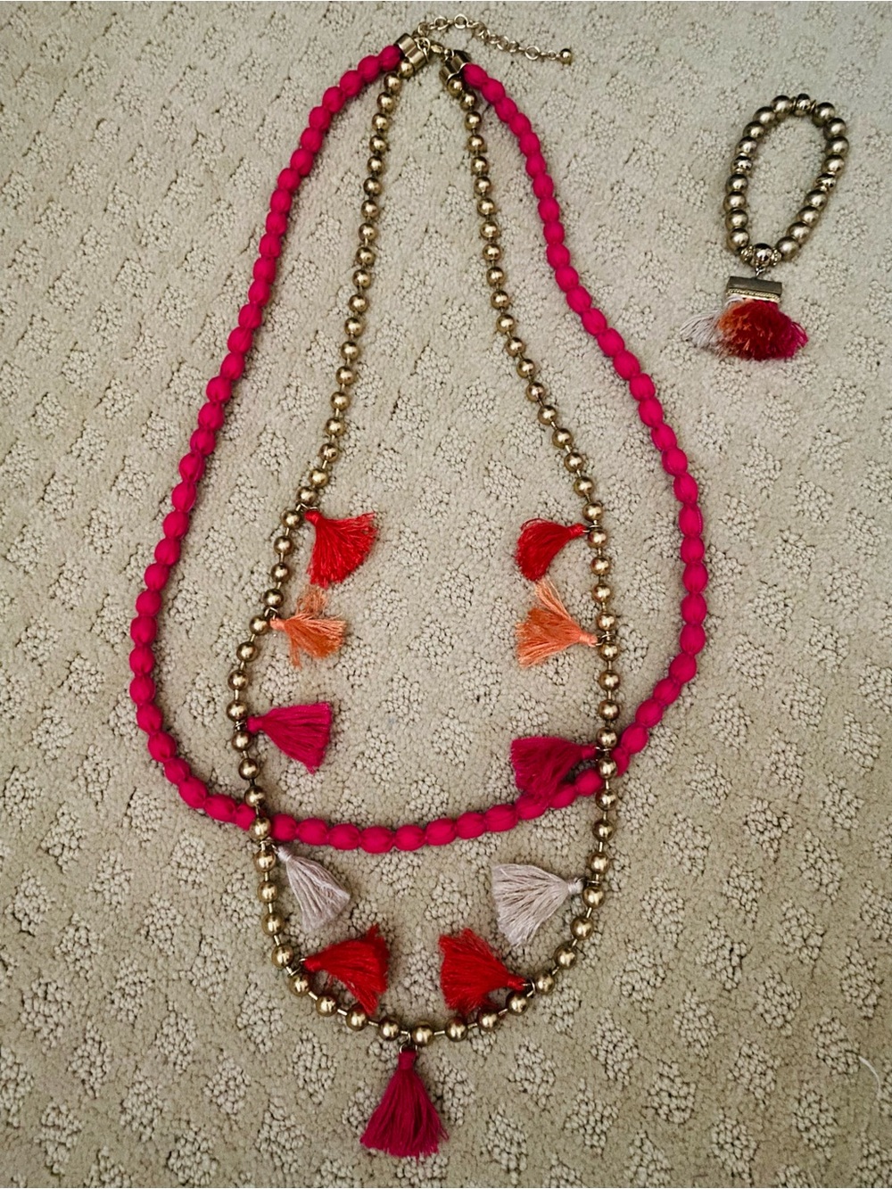 Chico’s Tassel Layered Necklace and Bracelet Set in Hot Pink and Gold